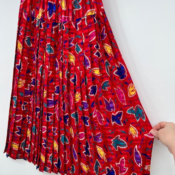 Vintage Mayeelok Paris Skirt Blouse Set Womens M Red Colorful Pleated Midi Satin - Picture 7 of 11